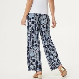 Bob Mackie Wearable Art Blue Balinese Floral Stripe Elastic Waist Pull On Pants.